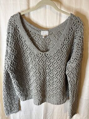 Open-Knit V-Neck Sweater in Light Gray - Women